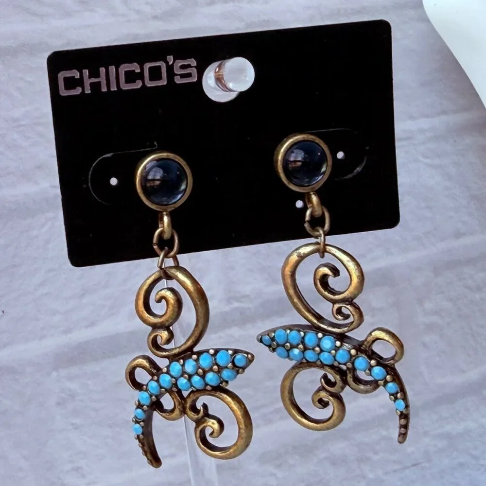Vintage Y2K Chico’s Turquoise Brass Scroll Drop Earrings with Blue Stone Accents - Picture 4 of 7